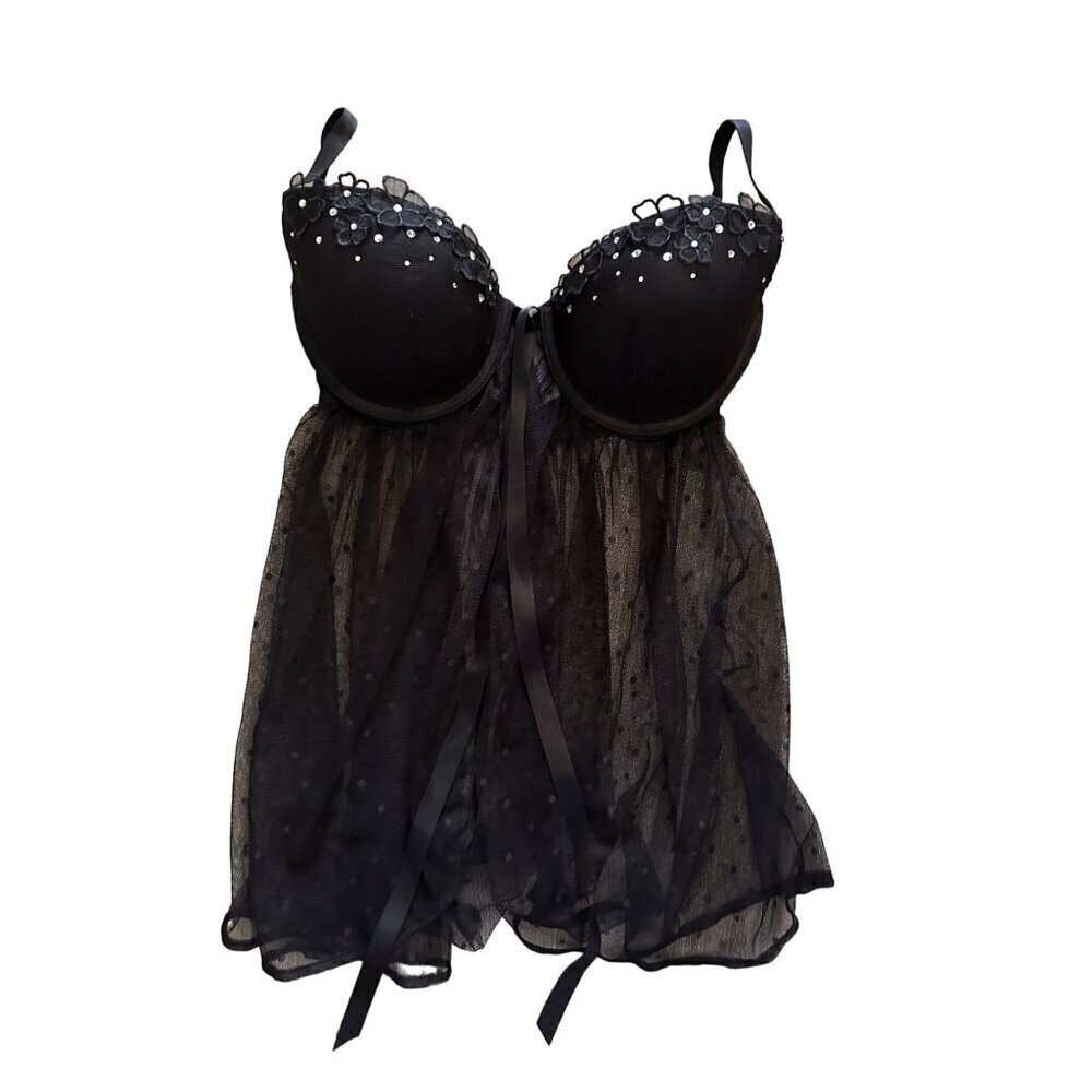 Victoria's Secret Sexy Little Things..Black Lace Floral Rhinestone Babydoll 36D